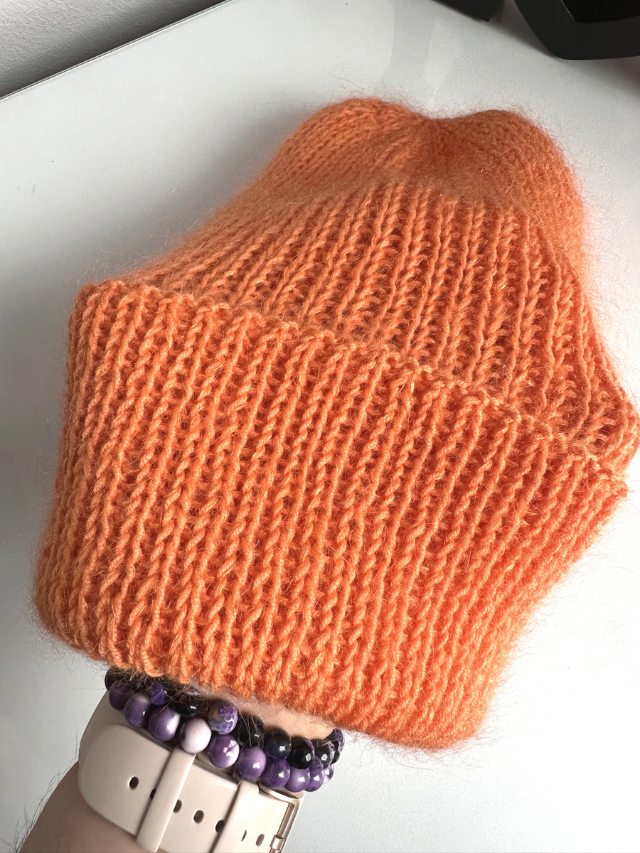 Ręcznie robiona czapka beanie AUREA 100% Baby Merino plus moher i jedwab 36/49 Pomarańczowy