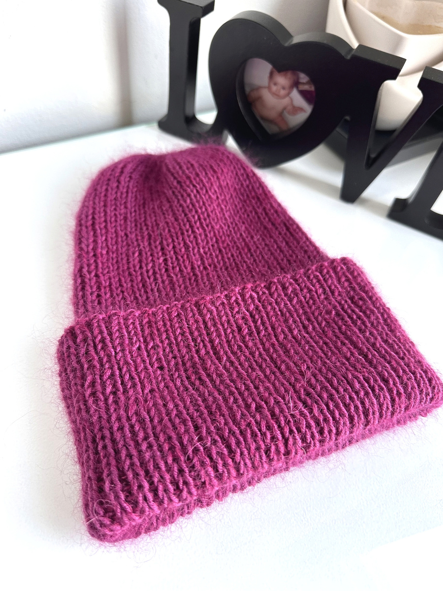 Ręcznie robiona czapka beanie AUREA 100% Baby Merino plus moher i jedwab 34/17 Wrzos