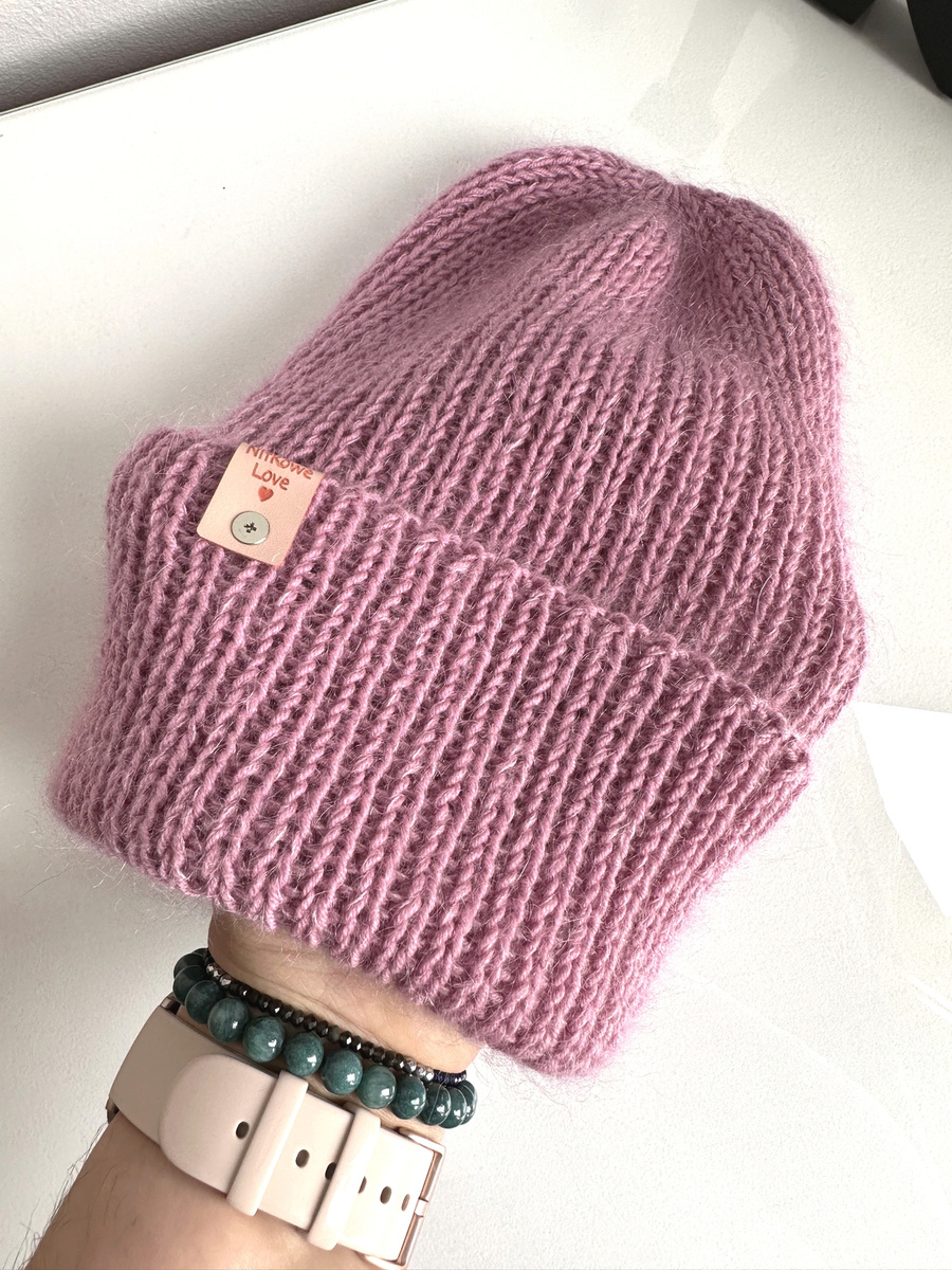Ręcznie robiona czapka beanie AUREA 100% Baby Merino plus moher i jedwab 27/04 Stary Róż