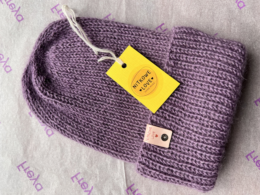 Ręcznie robiona czapka beanie AUREA 100% Baby Merino plus moher i jedwab 40/05 Ametyst